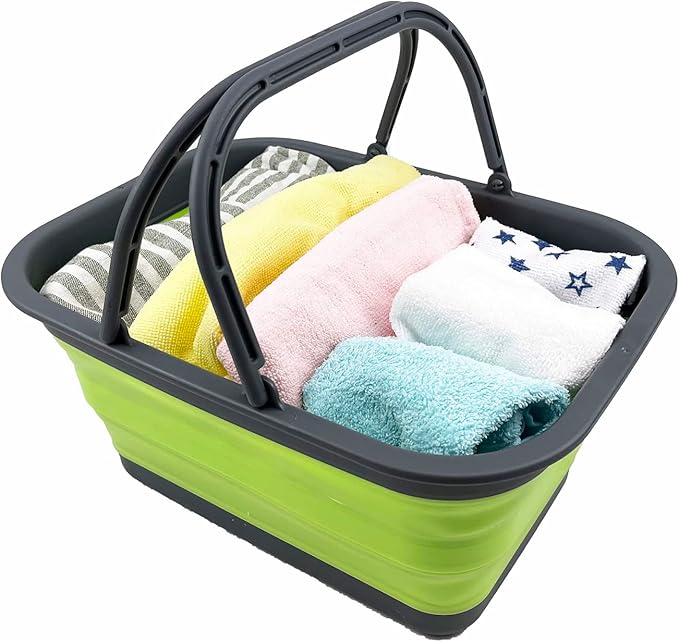 SAMMART 12L (3.17Gallon) Collapsible Tub with Handle - Portable Outdoor Picnic Basket/Crate - Foldable Shopping Bag - Space Saving Storage Container (Grey/Grass Green)