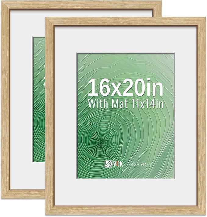 VCK 16x20 Picture Frame 2 Pack - Natural Oak, High-End Wood Poster Frames with Tempered Glass, Display 11x14 Photo with Mat or 16x20 without Mat, Art Gallery-Quality, Wall Hanging, Natural Oak