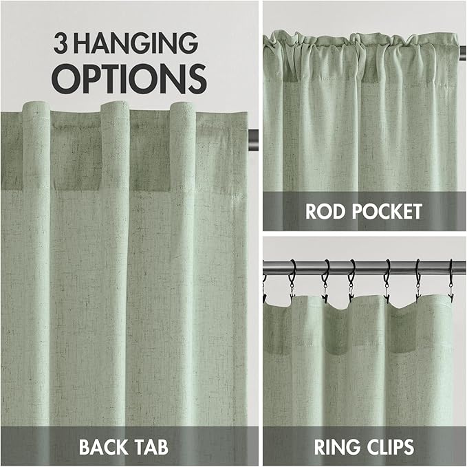 MIULEE Non-See-Through Privacy Linen Curtains 2 Panels, Sage Green Light Filtering Window Curtains 96 Inches Long, Farmhouse Textured Back Tab Semi Sheer Drapes for Bedroom Living Room, Light Green