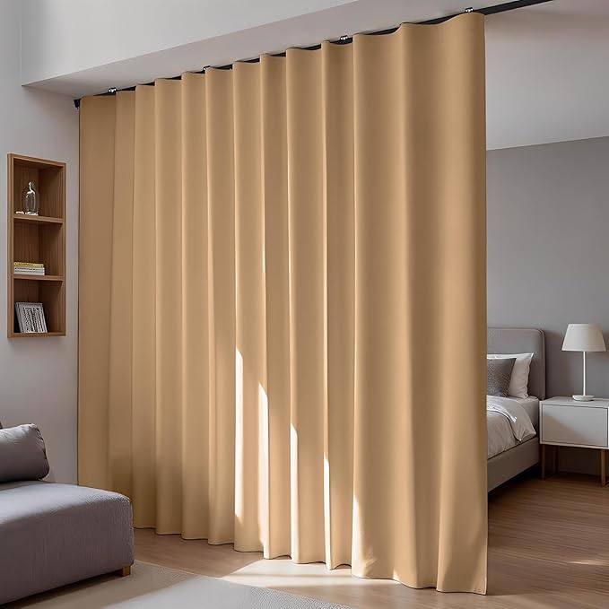 Room Divider Blackout Curtains Flexible Sliding Tracks Sets Ceiling Mounted Rod Window Curtain Privacy Separation for Bedroom Living Rooms,1 Panel Khaki Drape and Black Track Set-W180xH96 in