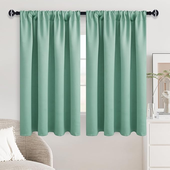 JIUZHEN Blackout Curtains for Bedroom - Thermal Insulated Noise Reducing Privacy Short Curtain for Living Room, Set of 2 Panels with Tiebacks, 52 x 54 inches Long,Sage Green
