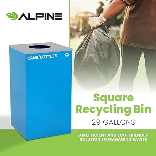 Alpine Circle Lid Industries 29 Gallon Sturdy Steel Cube Recycling Container, Square Opening - 3 Color Cans Available Sold Separately (Lid Circle Opening)