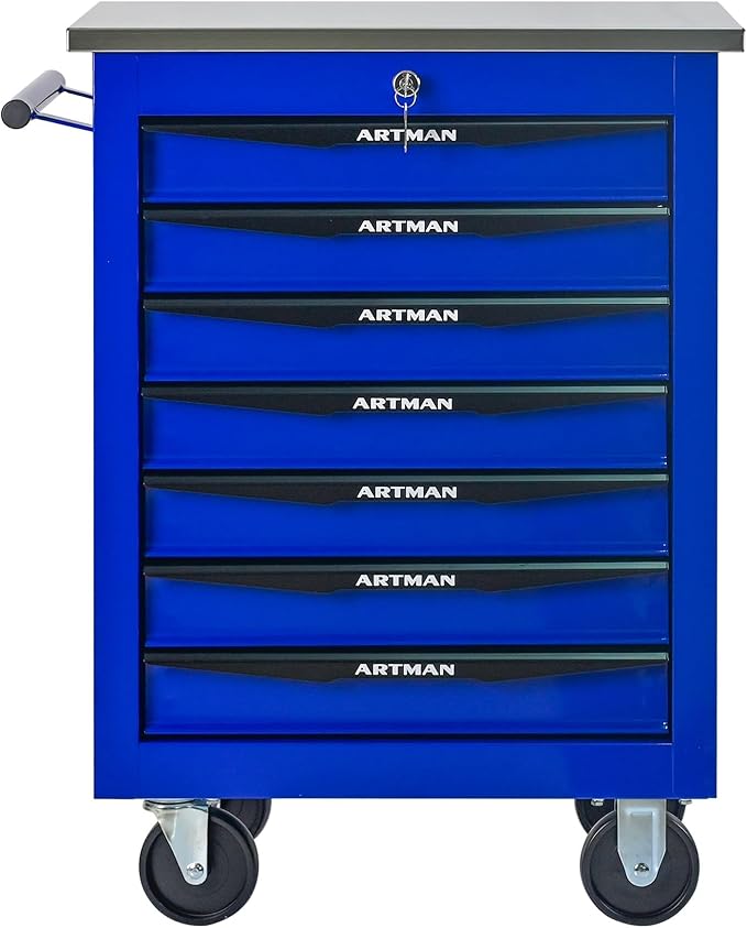 7-Drawer Heavy-Duty Rolling Tool Chest with Wheels & Steel Roof, Lockable Tool Chest Storage Cabinet for Garage, Workshop, Warehouse, and Repair Shop