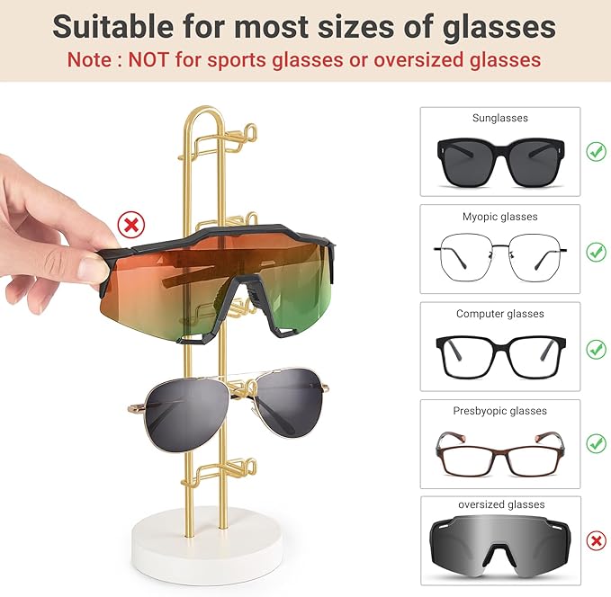 Mkono Sunglasses Organizer Glasses Holder Stand Sunglass Storage Eyeglasses Rack Metal Frame with Wood Base for 5 Pairs of Eyewear Display for Table Desk Countertop Dresser Bedroom, Set of 2, Gold