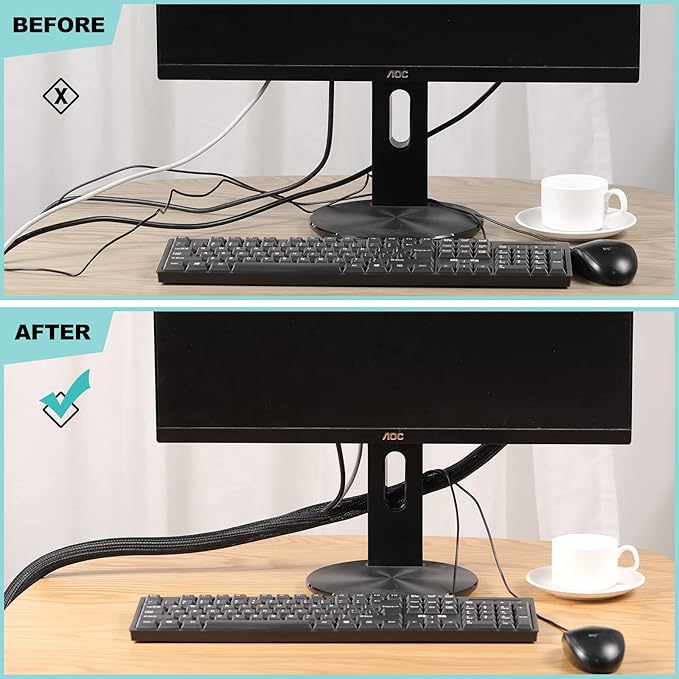 AGPTEK Cable Sleeve Cover, 2 Pack 5ft - 1.2 inch Desk Cord Organizer Cable Hider, Home Office Wire Management Computer TV Wire Loom Tubing, Pet Proof Cord Protector, from Cat Dog Chewing, Black
