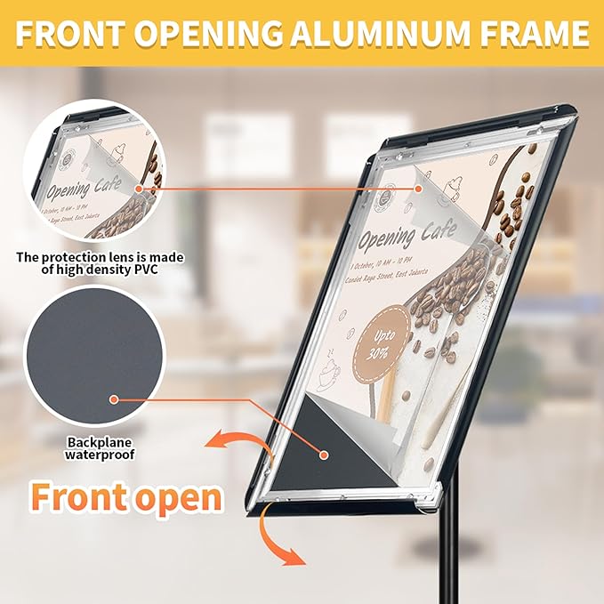 HYNAWIN Adjustable Floor Sign Stand Heavy Duty Pedestal Holder , with Aluminum Snap Open Frame for 8.5x11 Inches, Both Vertical and Horizontal View Displayed, Black