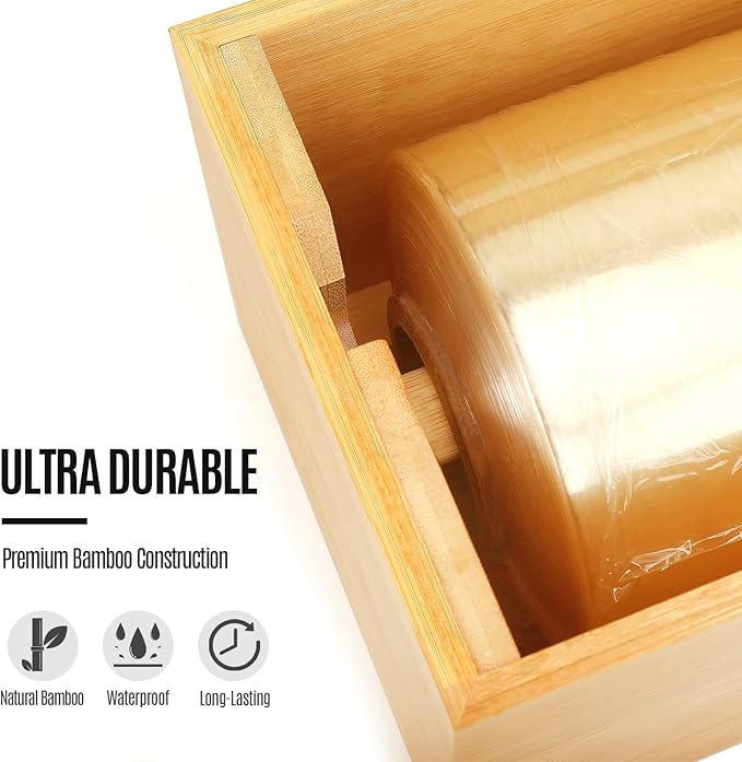 18 Inch Plastic Wrap Dispenser with Slide Cutter – Commercial Butcher & Freezer Paper Dispenser for 3000ft Film, 1000ft Foil & Kraft Rolls, Heavy Duty Bamboo for Restaurant & Kitchen