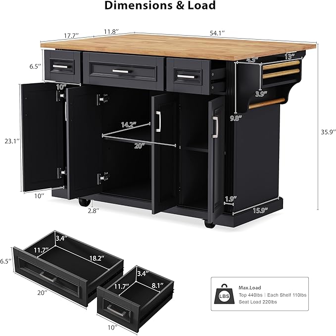 Yayzy Rolling Kitchen Island with Drop Leaf, 4 Cabinet Doors, 3 Drawers & Side Storage Racks, Mobile Kitchen Cart with Rubberwood Top & Locking Wheels for Dining Room & Kitchen, 54-Inch, Black