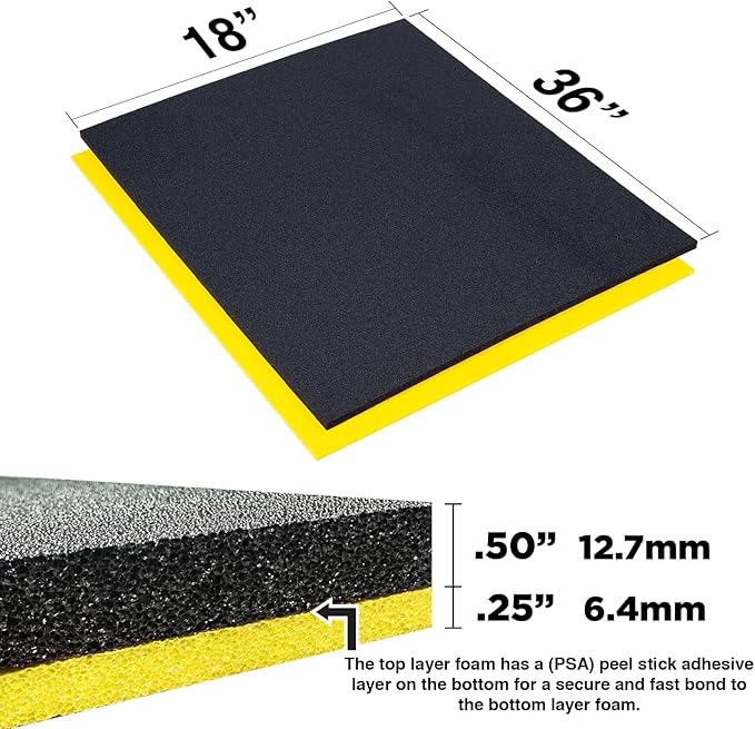 5S TOOL BOX SHADOW FOAM ORGANIZERS (2 COLOR) CUSTOM SIZE (18" x 36"", Black Top/Yellow Bottom)
