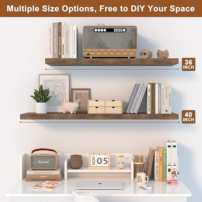 12 Inch Deep Floating Shelves for Wall 3 Pack Floating Shelfs Large Storage Space Wall Decor Display Shelf for Bathroom Living Room Bedroom Kitchen 48" W x 12" D x 1.2" H Rustic Brown