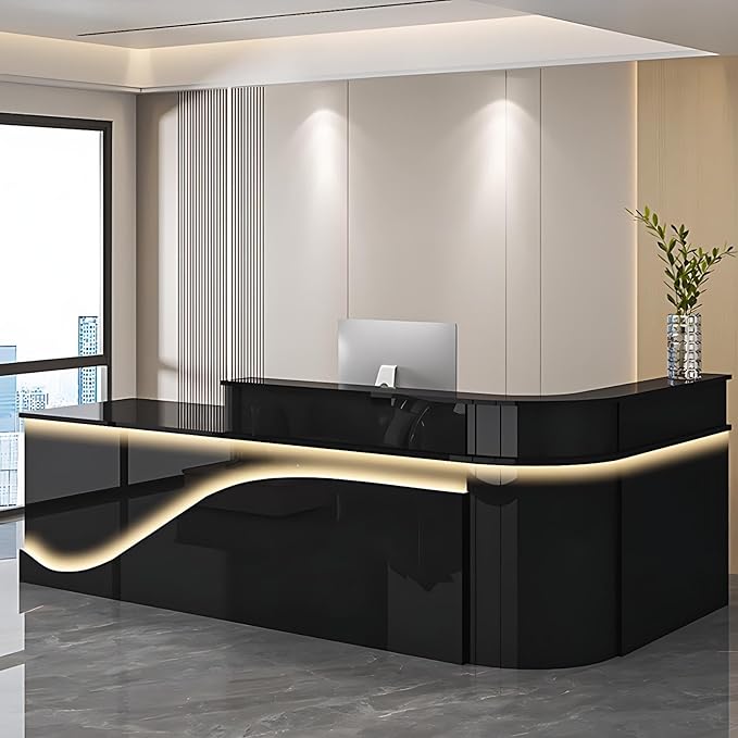Modern Reception Desk – Front Desk, Reception Counter for Office, Checkout Counter, LED Lighting, Storage, Soft Close Drawers, Custom Logo, Fully Assembled (M,68IN)
