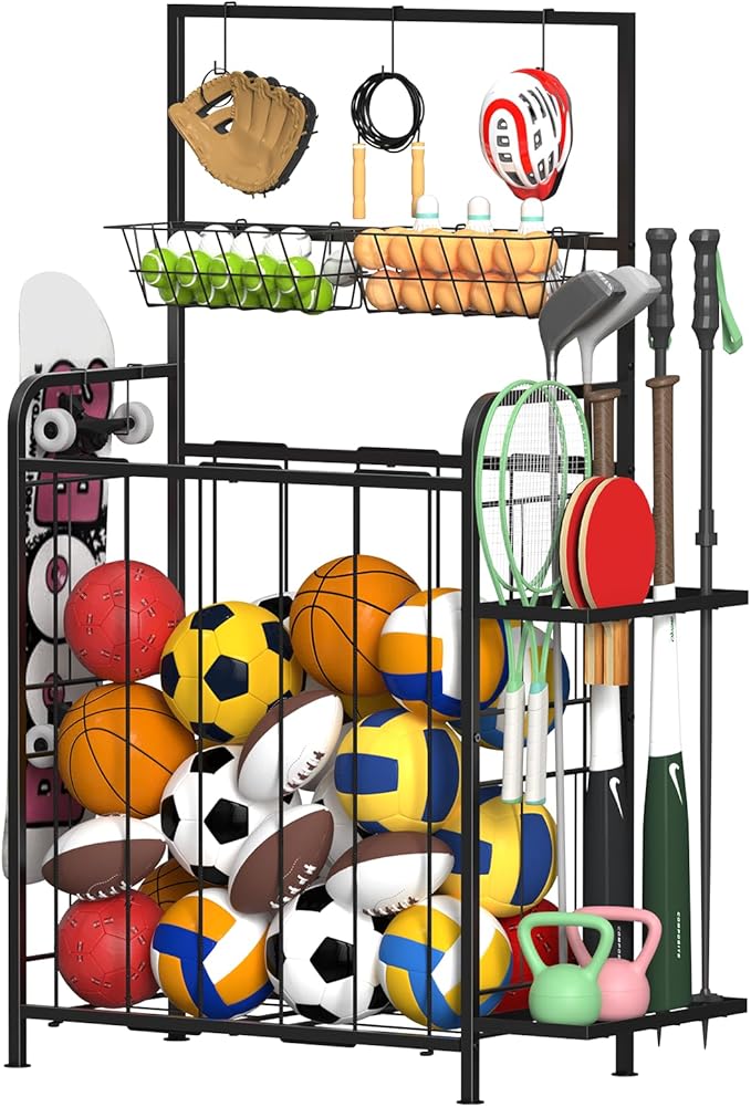 HEOMU Sports Equipment Organizer, Ball Organizer with Elastic Rope and Side Rack, Garage Ball Storage with 5 Hooks and 2 Baskets, Basketball Rack for Garage, Gym, Indoor or Outdoor, Black