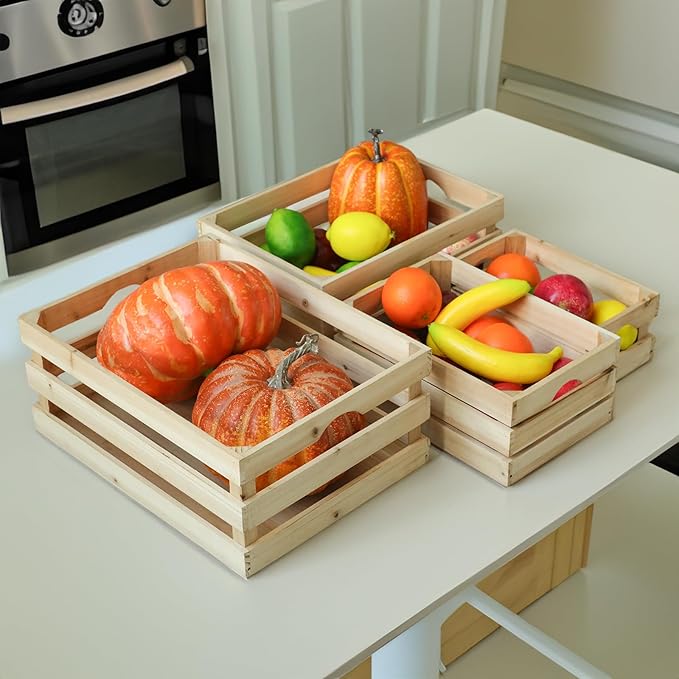 Large Wooden Crates Unfinished Set of 4 Storage Crates, Decorative Wood Storage Crate for Display Rustic, Nesting Wooden Container Boxes Made from 100% Wood