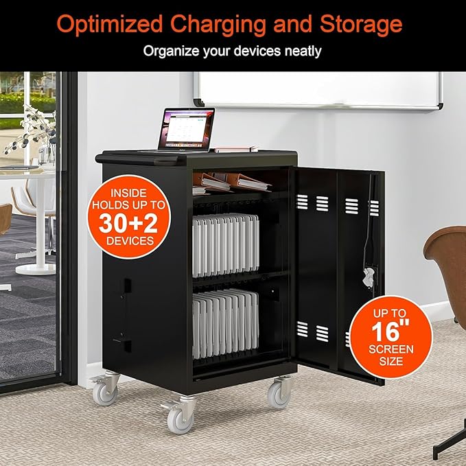 32 Devices Laptop Charging Cart, Tablet Storage Carts for Pad Up to 16.3" Screen Size, Classroom Computer Mobile Charging Station for Pads,Chromebooks,Laptops,Security Storage (Black)