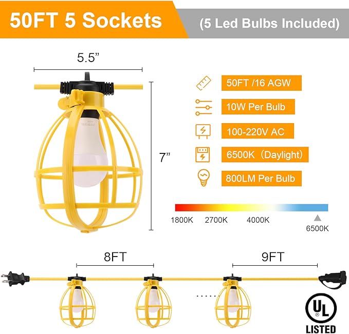 50FT Construction String Lights, 50W 5 Bulbs Work Lights with E26 Base, IP65 Waterproof, 4000LM 6500K Indoor & Outdoor Temporary Lighting for Workshop, Mine cave, Job Site