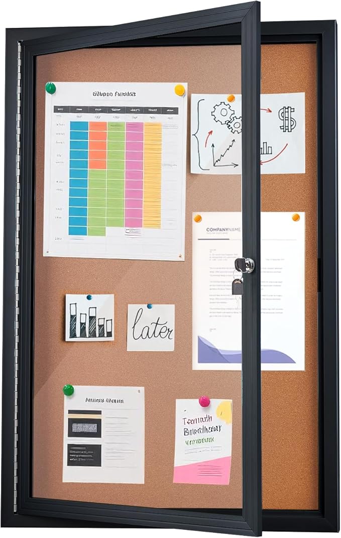Enclosed Cork Bulletin Board 36"x24" Outdoor Weatherproof Cork Noticeboard with Locking Door Wall-Mounted Black Aluminium Frame for Home, School, Office, Community, Hospital