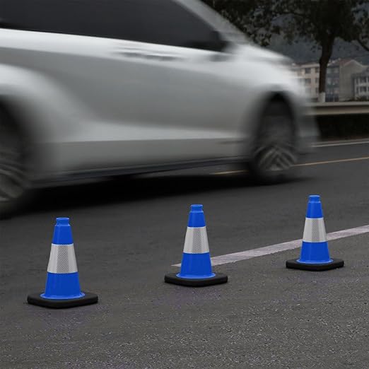6 Pack 12" Inch Blue PVC Traffic Cones with Heavy-Duty Base, High-Visibility All-Weather Safety Cones for Road Construction, Parking Lot, and Garage Use (6, Blue, 12" Small)