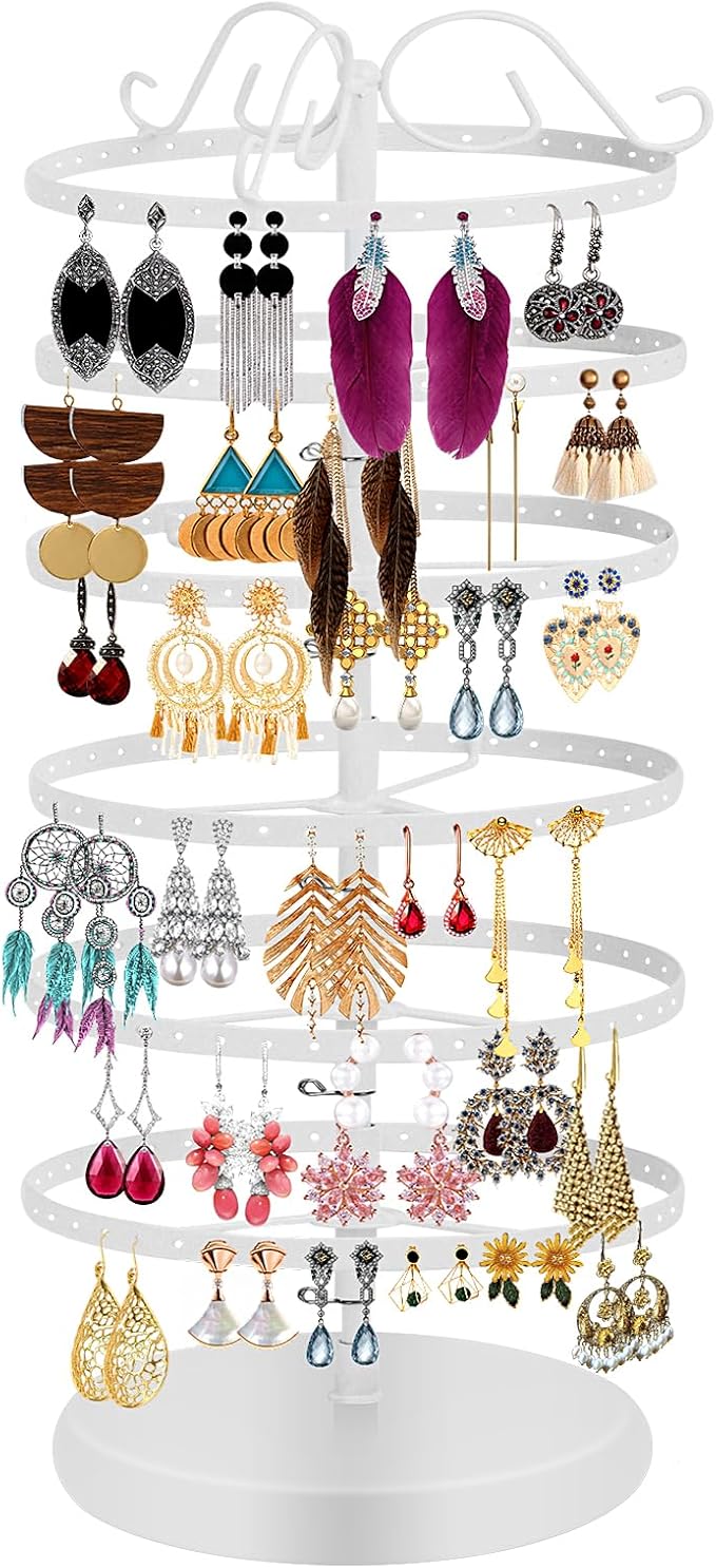 6 Tier 360 Rotating Earring Holder Organizer Stand, Jewelry Tree Rack, 264 Holes Display Storage for Stud Hoop Earrings, Vintage Metal Design, Space Saving Table Decor