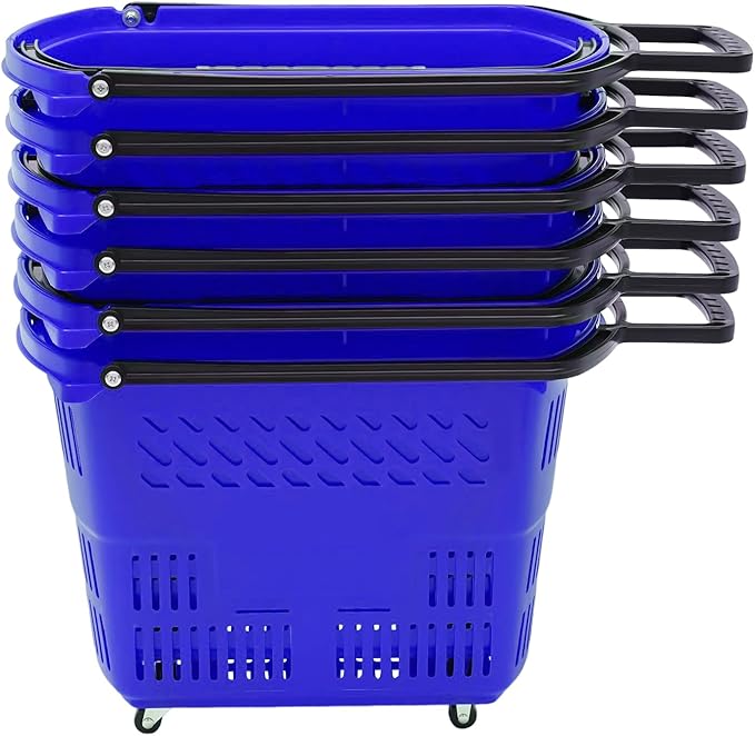 6PCS Shopping Carts with Wheels, 35L Portable Shopping Baskets Set with Handles Grocery Basket for Retail Store, Supermarket, Grocery |19" x 13.7" x 14" (Blue)