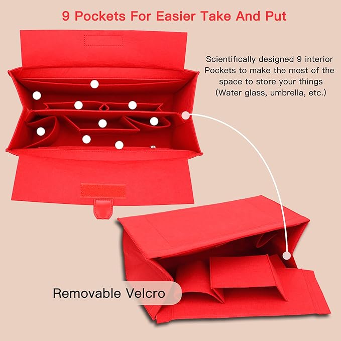 Doxo Purse Organizer Insert,Felt Bag Organizer with Zipper,Tote Organizer Insert Suitable for Lv Onthego GM & D Book Tote Bag Large and More (Red-With Cover)