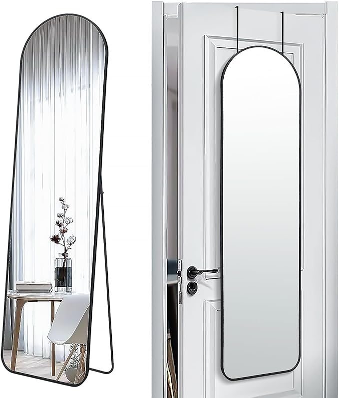 57x16 Door Hanging Full Length Mirror, Floor Stand (Height 5.7ft just Body in1.3ft) / Wall Mounted Metal Frame Arch Dressing Mirrors for Bedroom Living Room 57 inch Black