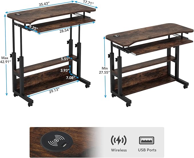 Tribesigns Portable Desk with Power Outlets, Height Adjustable Side Table Sofa Couch Bedside Laptop Computer Cart with USB Charging Ports, Mobile Small Standing Desk with Keyboard Tray