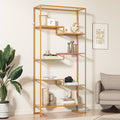 5-Tier Bookshelf, Tempered Glass Display Shelf, Modern Open Shelf Bookshelf, Tall Storage Open Bookcase for Living Room, Home Office, Bedroom, Golden