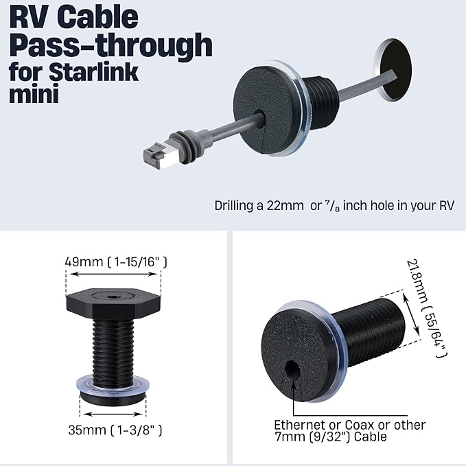 RV Cable Passthrough for Starlink mini, RV Cable Grommet Compatible with Starlink, Ethernet, Coax, Water-Resistant and Anti-Drop RV Cable Routing(Black)