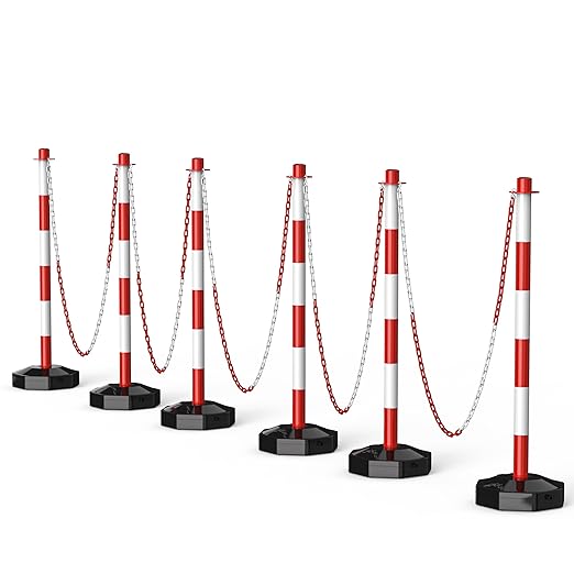 6 Pack Traffic Delineator Post Cones with Fillable Base, Adjustable Plastic Safety Barrier Outdoor and Indoor Crowd Control Stanchion with 5Ft Plastic Chain for Delineator Poles (Red+White)
