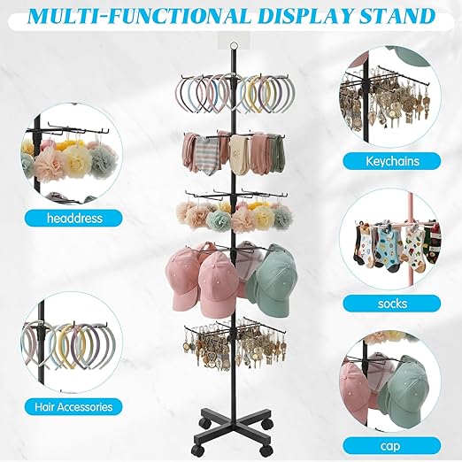 Ripeng 2 Pcs 5 Tier Retail Display Stand – Rotating Display Rack with Wheels for Jewelry Keychains Socks Hats – Adjustable Movable Shop Spinner for Craft Shows Vendor Events Stores Accessories, Black