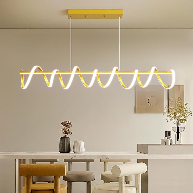 Modern Design Dimmable Desk Linear Pendant Light, with Remote Control Dimmable 3 Color Mode & Brightness Ceiling Lamp, Anti-Flicker Dining Light Fixture for Kitchen（47IN，Gold）
