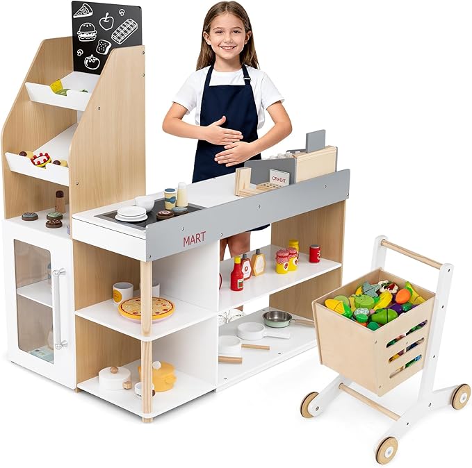 HONEY JOY Kids Grocery Store Playset, Wooden Grocery Store Pretend Play w/Cart, Cash Register Stand w/Coins, Chalkboard, Toddler Supermarket Play Toy for Boys Girls(Play Food Not Included)