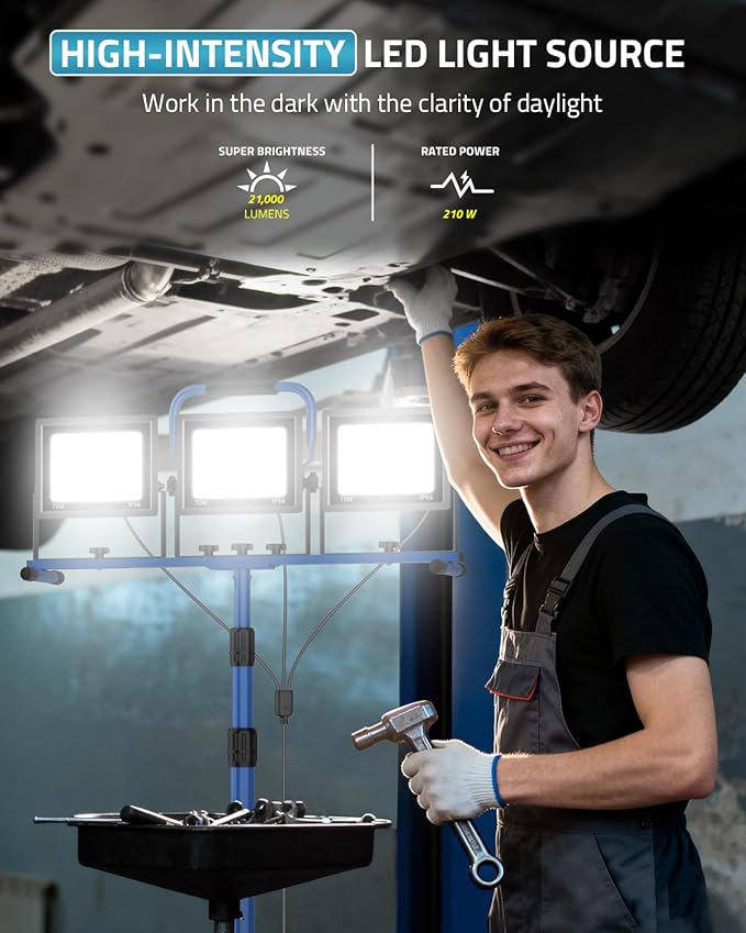 PAULINN 21000 Lumen Work Lights with Stand, 3 Adjustable Head LED Work Light with Foldable Stand and 16FT Cord, IP66 Waterproof Led Construction Light