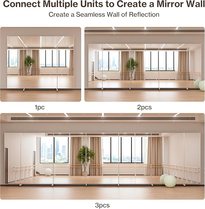 Full Length Stand Up Mirror on Wheels,63''×67'',Large Tri-Fold Floor Mirror with Stand,Movable 3-Way Full Length Standing Mirror for Gym, Dance Studio, Fitness Room, and Home (White)