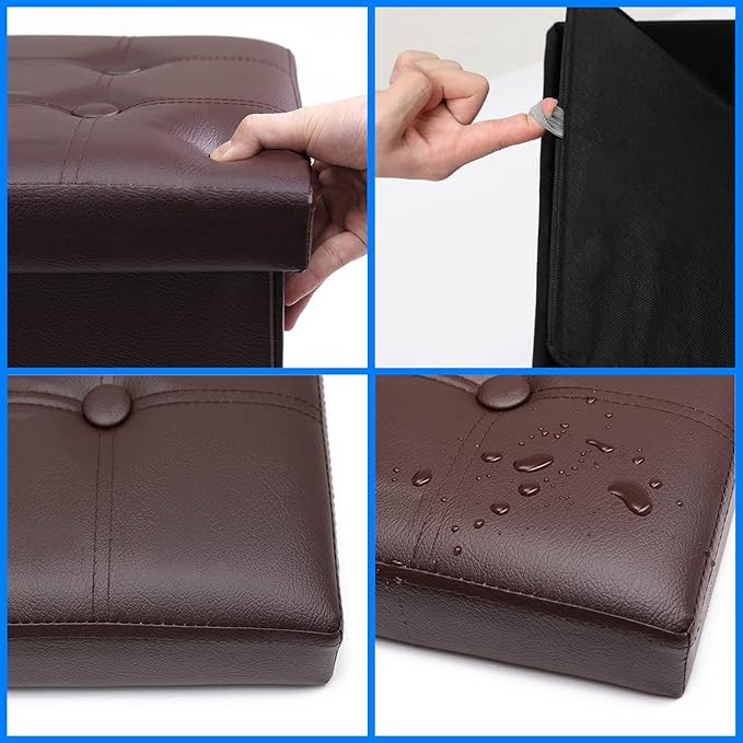 2PC Storage Ottoman, Folding Foot Stool with Thicker Foam Padded Seat Small Leather Storage Ottoman Bench Foot Rest for Living Room Foldable Coffee Table 17x13x13in,Brown