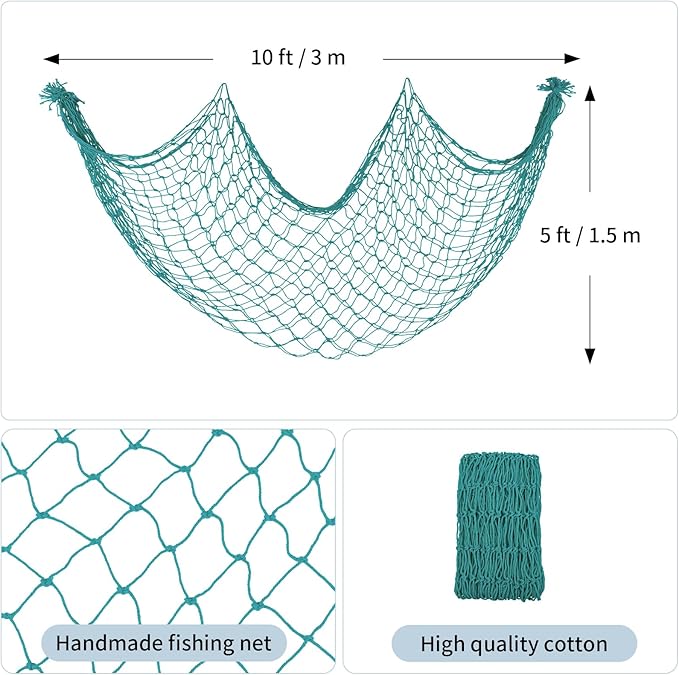 Decorative Fishing Net 2 Pack, 5x10 ft Large Aqua Fish Net Decor for Wall, Photo Display, Nautical Mermaid Pirate Ocean Themed Beach Hawaii Under The Sea Party Decorations