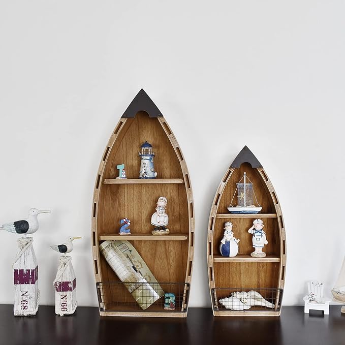 Aecipl Solid Wood Boat Shelf Decorative Nautical Wall Decor Beach Themed Bookcase Large Wooden 3-Tier Display Shelves for Home Kitchen Bedroom Living Room (31.4"+23.5" H)