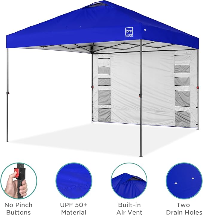 Best Choice Products 10x10ft Easy Pop Up Canopy w/Side Wall, 10 Pockets, Portable Carrying Case, 1-Button Setup, 4 Weight Bags - Resort Blue