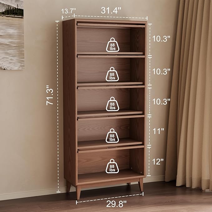 AQIMUELE 5 Tier Wood Bookcase Cabinet with Glass Doors 72 inch, Display Bookshelf,Kitchen Pantry Display Cabinet, Brown Finish Cube Storage Organizer Stand,Save Space for Home Office(No Light Strip)