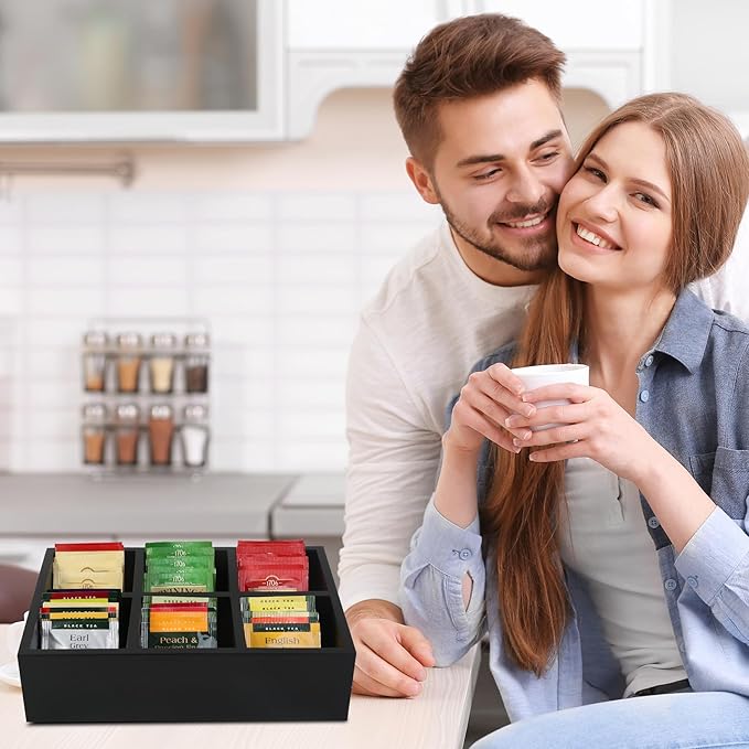 Tea Bag Box Wood Black 6 Compartments Tea Bag Organizer Drawer Storage, Large Capacity Sugar Packet Holder for Coffee Station,Sweeteners, Condiment Organizer