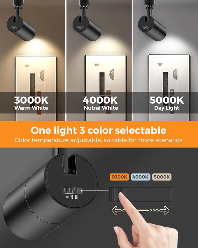 VANoopee 3-Color Zoomable 10W LED Track Lighting Heads H Type Track Light Heads Dimmable Bright Ceiling Spotlight Fixtures Accent Art, 3000K 4000K 5000K Adjustable, CRI90+ 15°-60° 1000lm Black 6 Pack