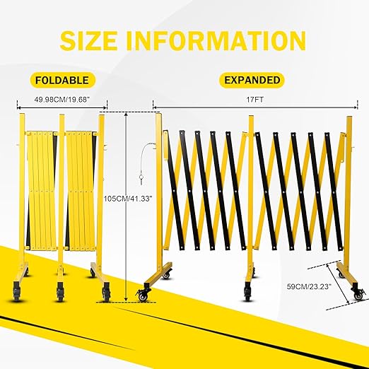 17FT Traffic Barricade with Casters, Metal Expandable Barricade, Folding Security Gate, Retractable Fence Outdoor Barricade Fence for Construction Area, Traffic Control
