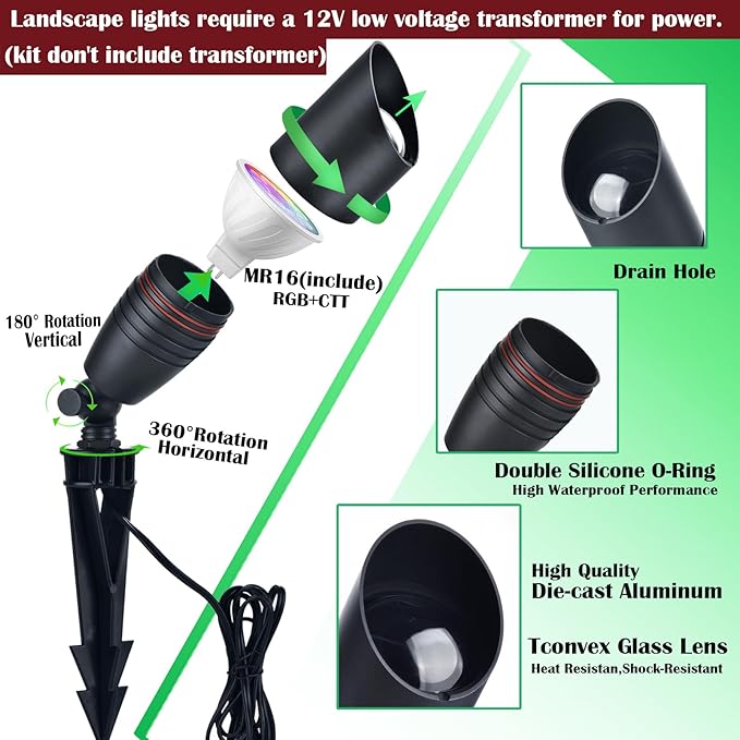 Color Changing Outdoor Landscape Lights, 12V RGB Low Voltage Landscape Lighting Kit with Remote Control, Smart Landscape Spotlights, Outdoor Uplights for Garden and Yard, ETL Listed