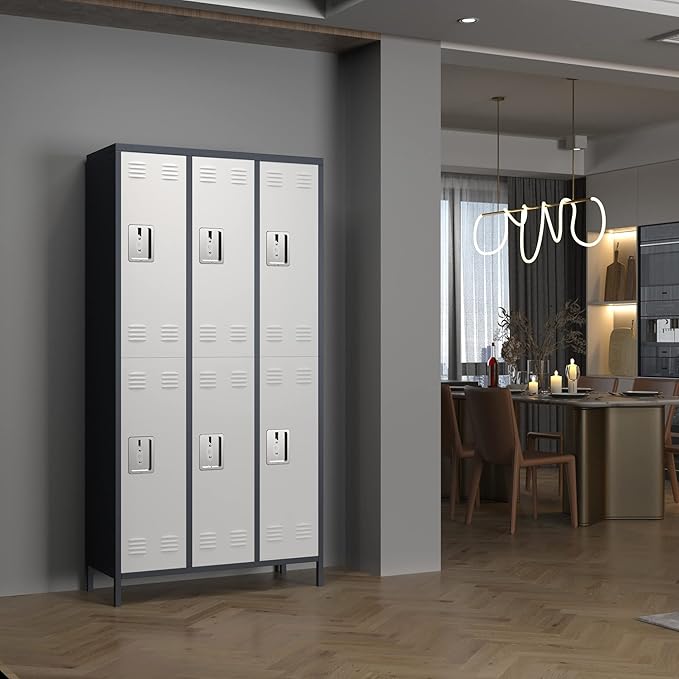 Aobabo Metal Storage Locker for Employees, 6 Doors Metal Locker for Garage, Office, Gym, Dormitory, Industrial Storage with 18 Hooks, Assembly Required, Grey White