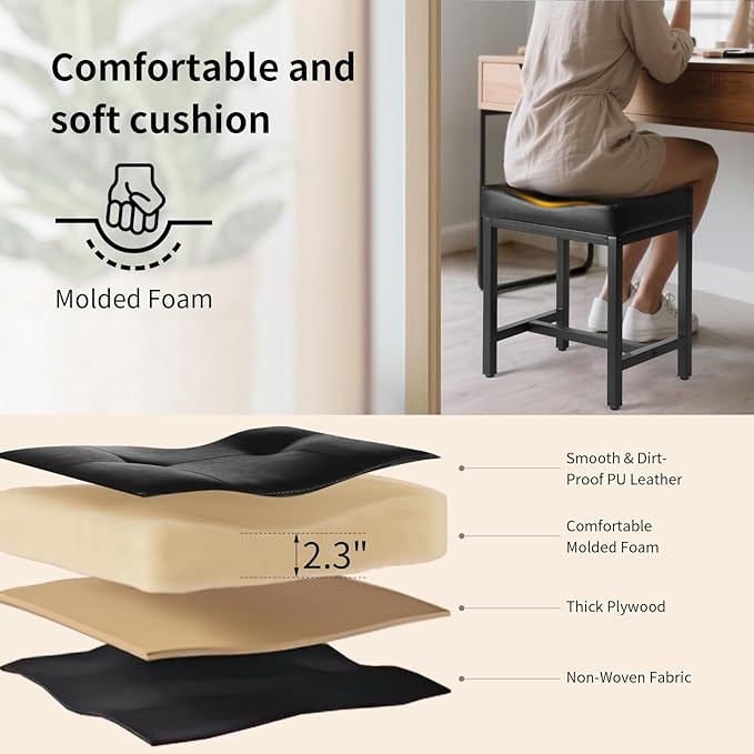 Saddle Seat Vanity Stool, Makeup Stool Chair with Metal Leg, U-Shaped Faux Leather Ottoman Foot Rest, Small Square Chairs Under Desk for Vanity, Living Room, Bedroom, Modern Makeup Bench Black