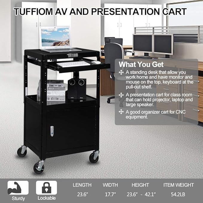 TUFFIOM AV Presentation Cart for Video Projector, Laptop Computer, Mobile Workstation Utility Media Cart for School Classroom Office, Rolling Storage Stand with Locking Cabinet Keyboard Shelf