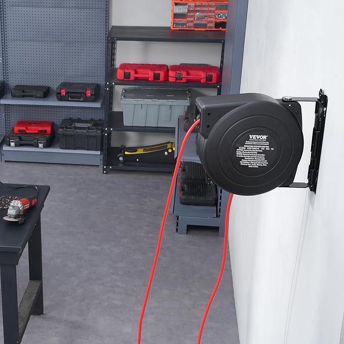VEVOR Retractable Extension Cord Reel, 45 FT, Heavy Duty 12AWG/3C SJTOW Extension Power Cord with Lighted Triple Tap Outlet, 15A Circuit Breaker 180° Swivel Bracket for Ceiling or Wall Mount, Red
