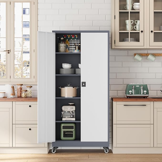 Metal Rolling Storage Cabinet-74.6” Tall Steel File Cabinets with Wheels Lockable Doors and Adjustable Shelves-Gray & White Steel Storage Cabinet for Home, School, Office, Garage