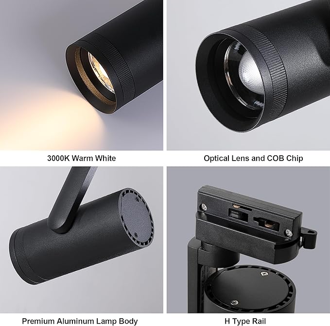 LED 12W Dimmable Track Lighting Heads with 10° to 55° Adjustable Beam Angle H Type 97 CRI 3000K Warm White Ceiling Spotlight for Accent Task Art, 1080lm, Black