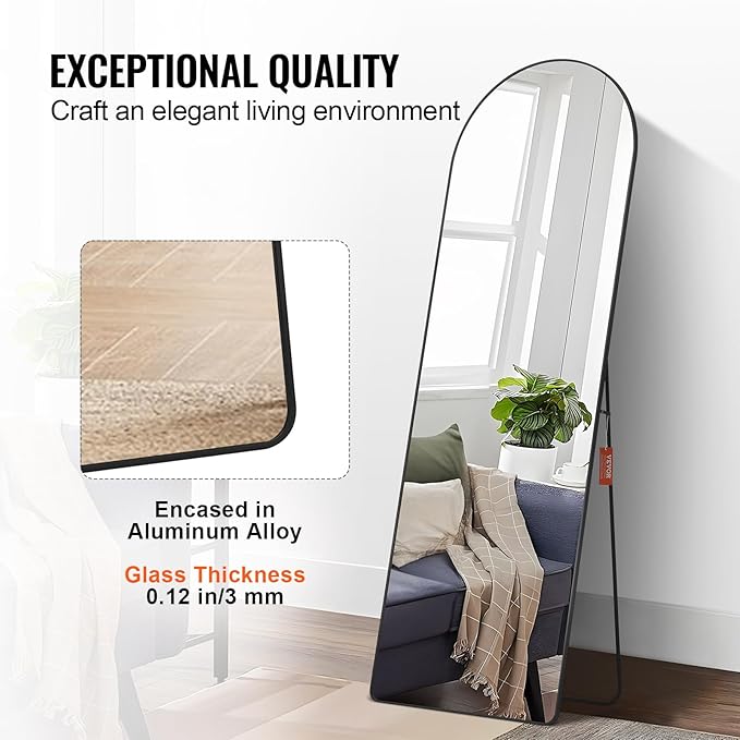 VEVOR Arched Full Length Mirror, 65'' x 22'', Large Free Standing Leaning Hanging Wall Mounted Floor Mirror with Stand Aluminum Alloy Frame, Full Body Dressing Mirror for Living Room Bedroom, Black